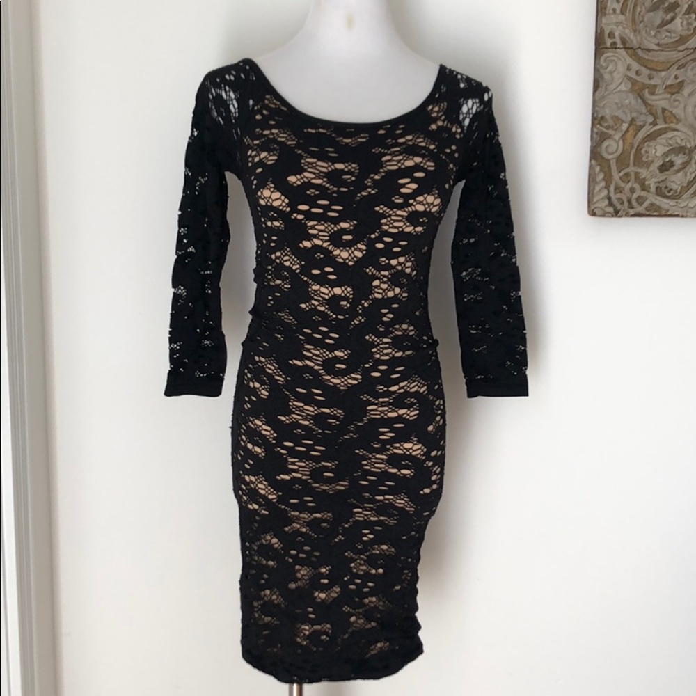 Guess black nude stretch lace bodycon dress